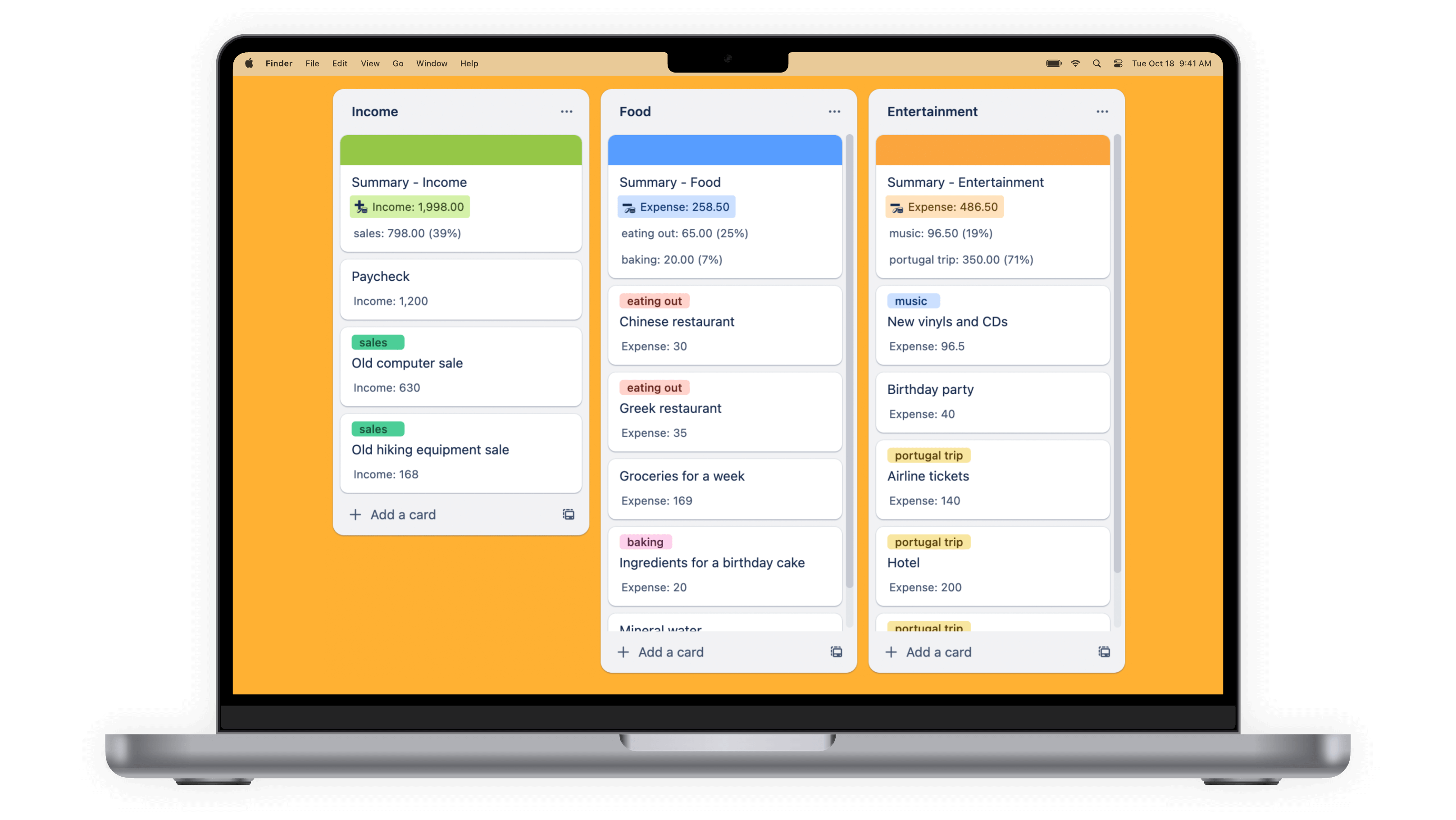 Colorful Budget allows you to store your expenses in a Trello board.
